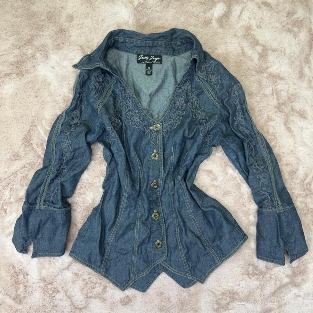 Boho embroidered‎ denim corset blouse bell sleeve artisan western-Gretty Zueger